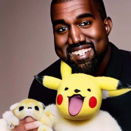 Image similar to kanye west smiling holding pikachu for a 1 9 9 0 s sitcom tv show, studio photograph, portrait c 1 2. 0