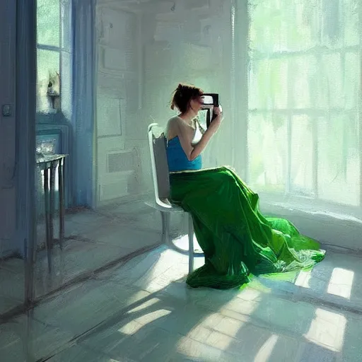 Image similar to epic masterpiece of cinematographic hyperrealism where a happy woman appears using her phone the color of the phone screen is green, the background of the image is white. realistic shaded lighting poster by craig mallismo, artgerm, jeremy lipkin and michael garmash, unreal engine, radiant light, detailed and intricate environment, digital art, art station trends