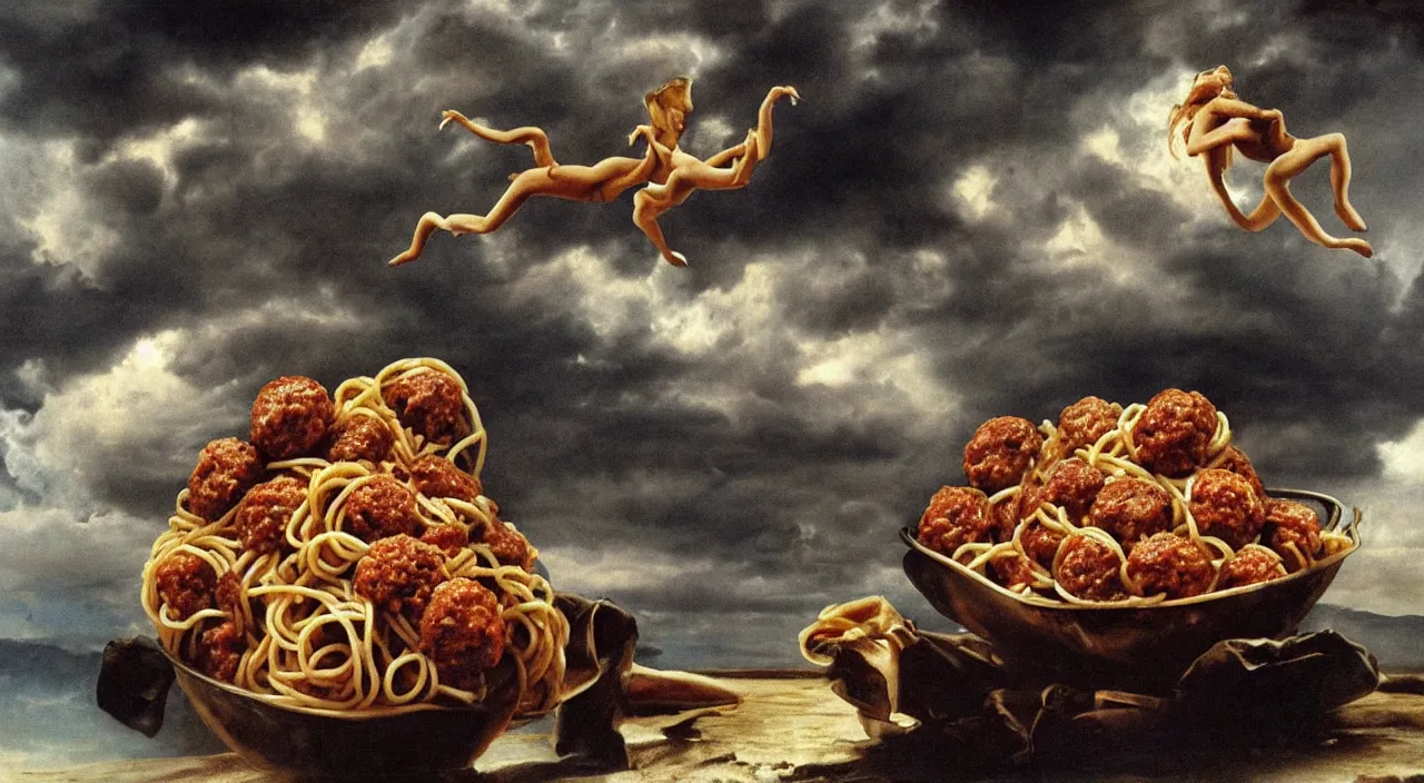 Image similar to spaghetti bolognesa with meatballs and hundred rusted perfect woman bodies flying in stormy clouds by dali, hyper - realism