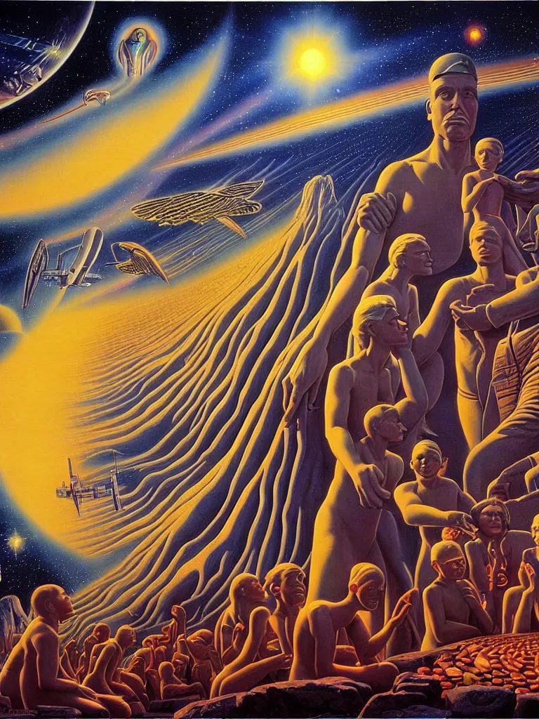 Image similar to a beautiful future for human evolution, spiritual science, divinity, utopian, by david a. hardy, wpa, public works mural, socialist