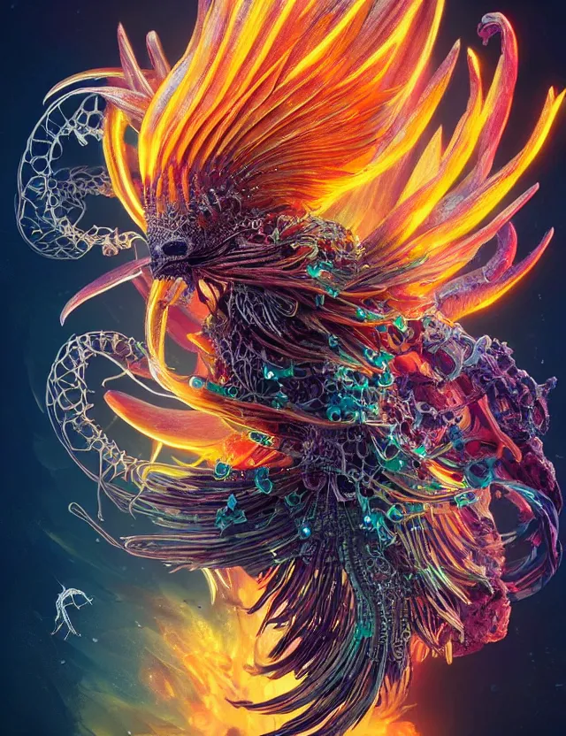 Image similar to witch phoenix macro close - up portrait with crown made of ram skull. phoenix, betta fish, jellyfish, plasma, ice, water, wind, creature, super intricate ornaments artwork by tooth wu and wlop and beeple and greg rutkowski