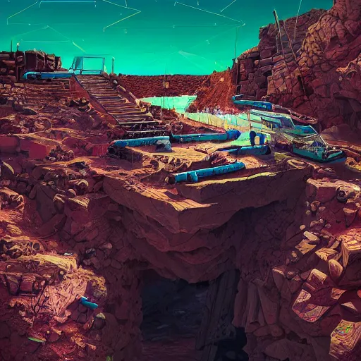 Prompt: Mining for Bitcoin between the rocks with a pickaxe. Mineshaft background. By Beeple. Extremely detailed. Digital art.