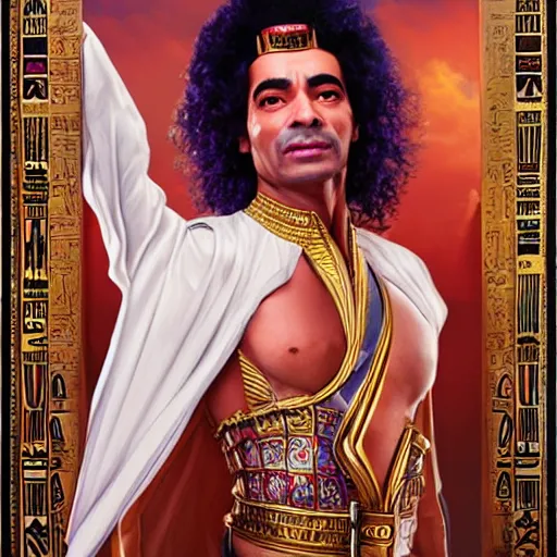 Prompt: a detailed fantasy character portrait of Mohamed Mounir as egyptian stage star by lauri blank, artgerm, evelyn de morgan, 8K, 50mm lens