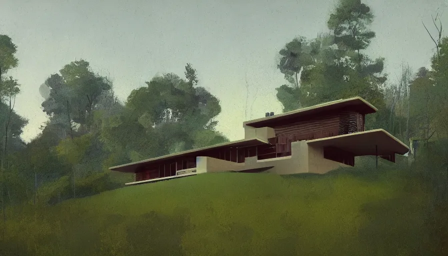 Image similar to modern house on a green hill between trees, frank lloyd wright, simon stalenhag