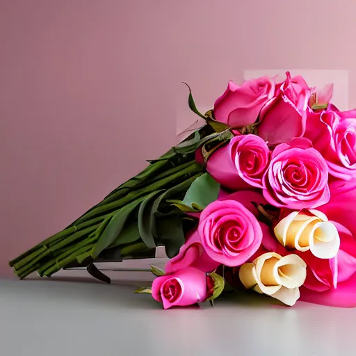 Prompt: studio photo of a bouquet of different shades of pink roses and lilies. window sun reflected in a light yellow background. amazing photography and lighting, bokeh,