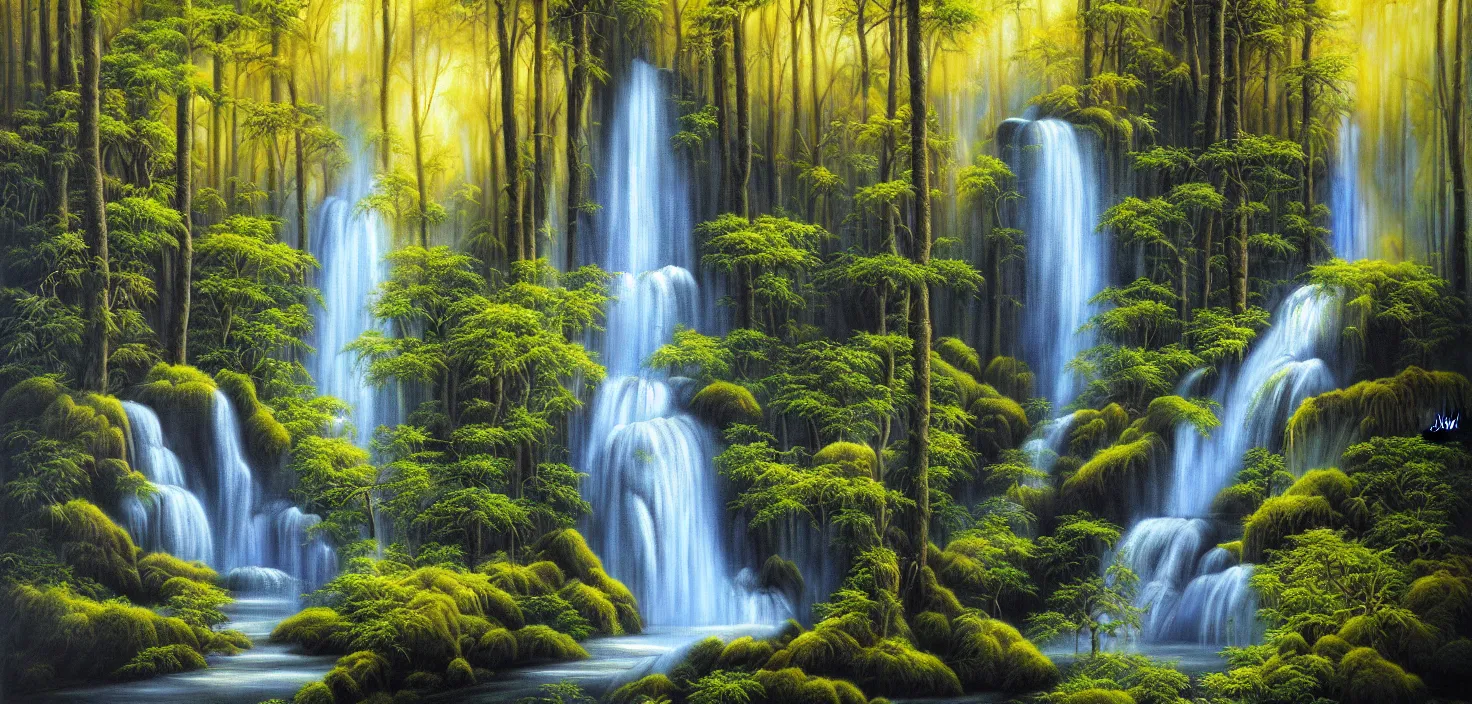 Image similar to a painting of a waterfall in a forest, an airbrush painting by terry redlin, deviantart, metaphysical painting, airbrush art, detailed painting, oil on canvas