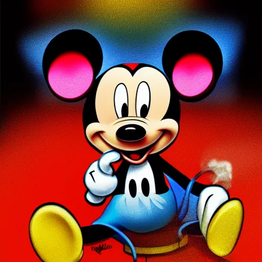 Prompt: mickey mouse holding a giant joint while sitting on a couch in a messed up apartment, stoned eyes, smoke, amazing digital art, amazing detail, artstation, award winning, sharp