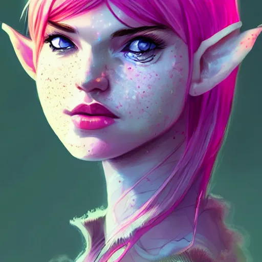 Image similar to girl elf portrait, elven warrior princess, head and shoulders, matte print, pastel pink, neon highlights, digital art, cute freckles, digital painting, fan art, elegant, pixiv, by Ilya Kuvshinov, daily deviation, IAMAG