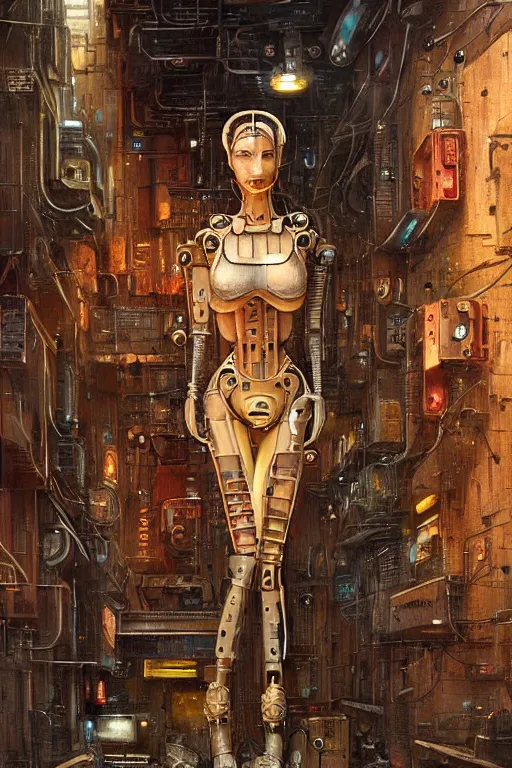 Prompt: a highly detailed retro futuristic female android with gears and other mechanical parts made out of pasta standing in a dank alleyway from blade runner, a robot made out of pasta, painting by Marc Simonetti and Julie Bell