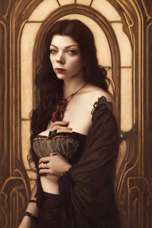 Image similar to a portrait of an elegant beautiful dark bohemian vampire woman, smooth face, glamour shot, bored, illustration, dramatic lighting, soft details, painting oil on canvas, art nouveau, octane render, HDR, 4k, 8k, HD, (Natalie Dormer) by Edmund Blair Leighton, Brom, Charlie Bowater, trending on artstation,