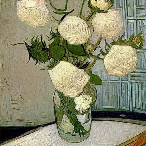 Prompt: atmospheric beautiful bouquet of white delicate pionoid rose in the sunny room of his beloved wife, wrote van gogh