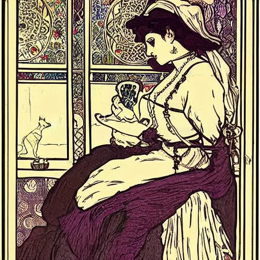 Image similar to Gypsy lady doing tarot card reading inside a gypsy caravan surrounded by cats, art nouveau, 1878, Alphonse Mucha, decorative panels, old paper, soft outline