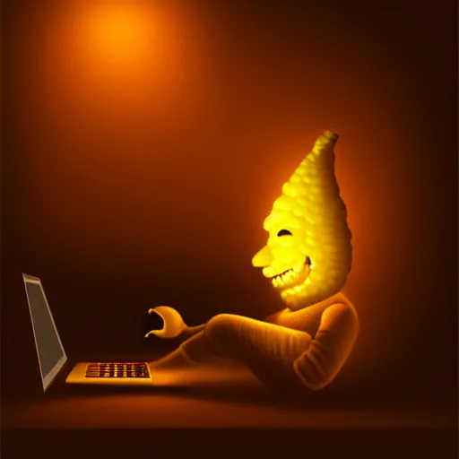 Image similar to Anthropomorphic corn cob using computer in a dark room, face illuminated, hyperrealistic, artstation, 8k, concept art, very detailed, hd, digital painting, shadows, dimly lit, dramatic lighting