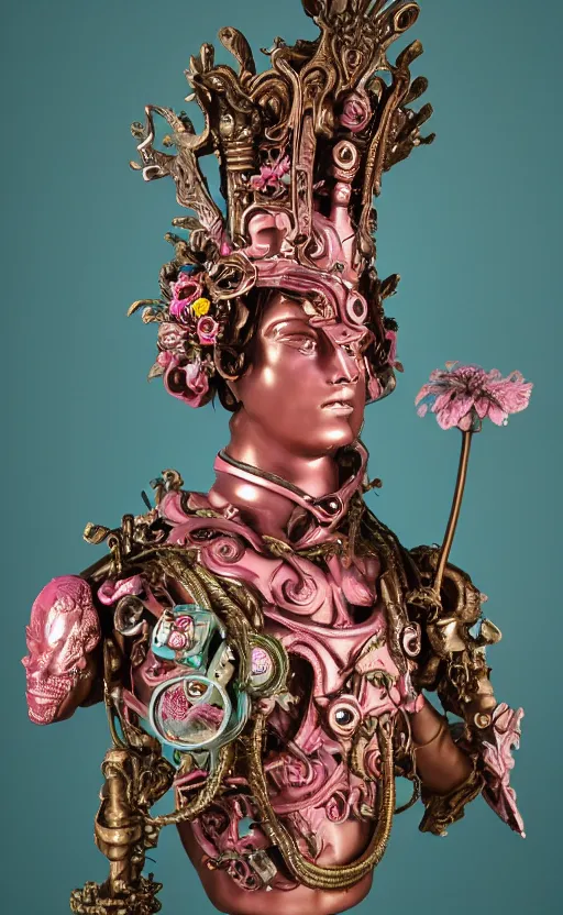 Image similar to a young handsome latino ceramic and pink iron-plated android prince with a large glowing mint crystal in the center of his chest, full-body bronze cyberpunk style statue of Andromeda with glowing green laser eyes, crown of mechanical chrysanthemums, flowing aqua silk, fabric, steampunk flowers. baroque elements, human hands. full-length view. baroque element. intricate artwork by caravaggio. many flying horses on background. Trending on artstation, octane render, cinematic lighting from the right, hyper realism, octane render, 8k, depth of field, 3D