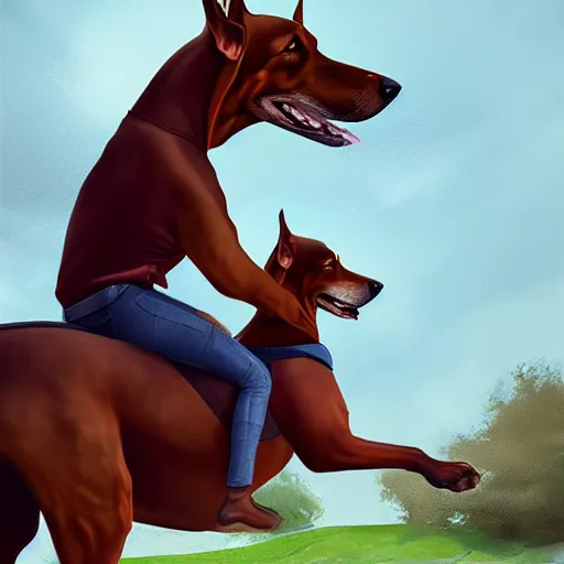 Image similar to girl riding a giant doberman in the park, trending on artstation