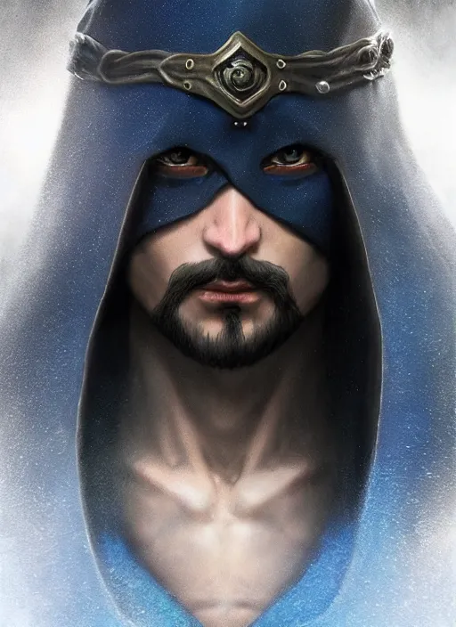 Image similar to ultrarealistic male mage face portrait fighting, long black hair blue eyes wearing leather mantle gothic navy cloak with leather details, cliffside town, fantasy character portrait, octane render, extreme intricate details, elegant, cinematic lighting, highly detailed, artstation, dnd art, cgsociety, sharp focus, beautiful digital painting by artgerm, gerald brom, wlop, alphonse mucha