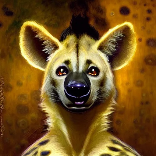 Image similar to a female hyena hyenawoman canine in magic robes at night in a dark forest. zootopia fursona furaffinity furry art detailed face painting by gaston bussiere craig mullins jc leyendecker gustav klimt artgerm greg rutkowski furry