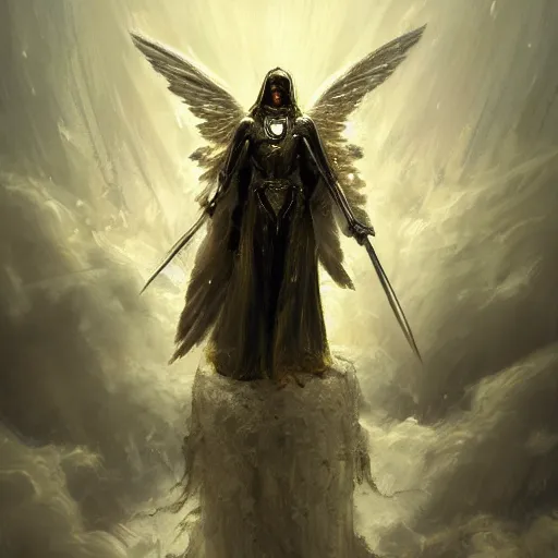 Image similar to an archangel in heavy armor descending from the clouds, artstation hall of fame gallery, editors choice, # 1 digital painting of all time, most beautiful image ever created, emotionally evocative, greatest art ever made, lifetime achievement magnum opus masterpiece, the most amazing breathtaking image with the deepest message ever painted, a thing of beauty beyond imagination or words