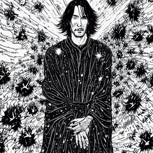 Image similar to black and white pen and ink!!!!!!! young handsome Keanu Reeves wearing cosmic space robes made of stars final form flowing royal hair golden!!!! Vagabond!!!!!!!! floating magic swordsman!!!! glides through a beautiful!!!!!!! liquid magic floral crystal battlefield dramatic esoteric!!!!!! Long hair flowing dancing illustrated in high detail!!!!!!!! by Moebius and Hiroya Oku!!!!!!!!! graphic novel published on 2049 award winning!!!! full body portrait!!!!! action exposition manga panel black and white Shonen Jump issue by David Lynch eraserhead and beautiful line art Hirohiko Araki!! Rossetti, Millais, Mucha, Jojo's Bizzare Adventure