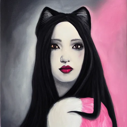 Image similar to a woman with black long hair and pink extensions singing powerfully with her black and white cat, oil painting, high detail, 4k, trending on artstation, devianart, cgsociety