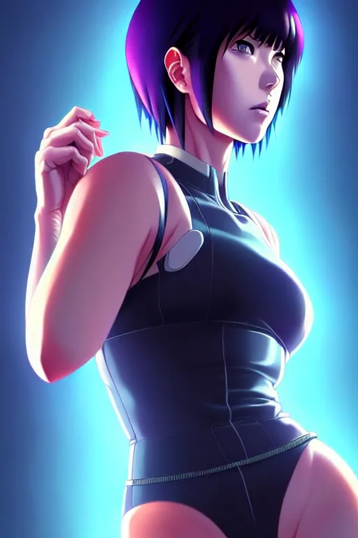 Image similar to a fullbody portrait of motoko kusanagi the major ghost in the shell : : stand alone complex, under repairs, maintenance : : by ilya kuvshinov, rossdraws, artgerm, sola digital arts, anti aliasing, raytracing : :