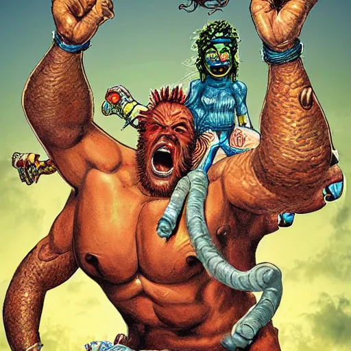 Image similar to A rampaging giant tropical tiki, stomping on cars and holding a screaming woman in his hand John Byrne layout, modern digital art finishing, high detail,