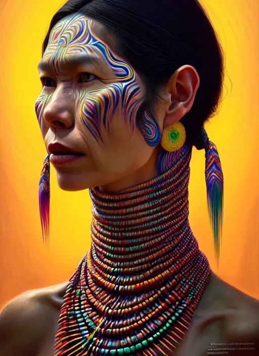 Image similar to portrait of catriona balfe as a long - neck kayan woman, hyper detailed ultra sharp trending on artstation, warpaint aesthetic, colorful, psychedelic, ornate, intricate, digital painting, concept art, smooth, sharp focus, illustration, art by artgerm and greg rutkowski and h. r. giger, 8 k