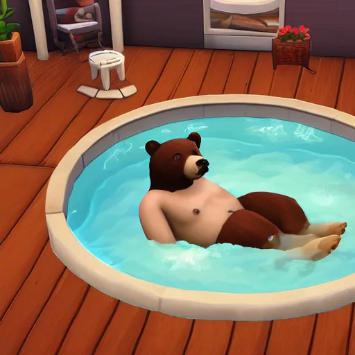 Image similar to a bear in jacuzzi, the sims 4 oil panting