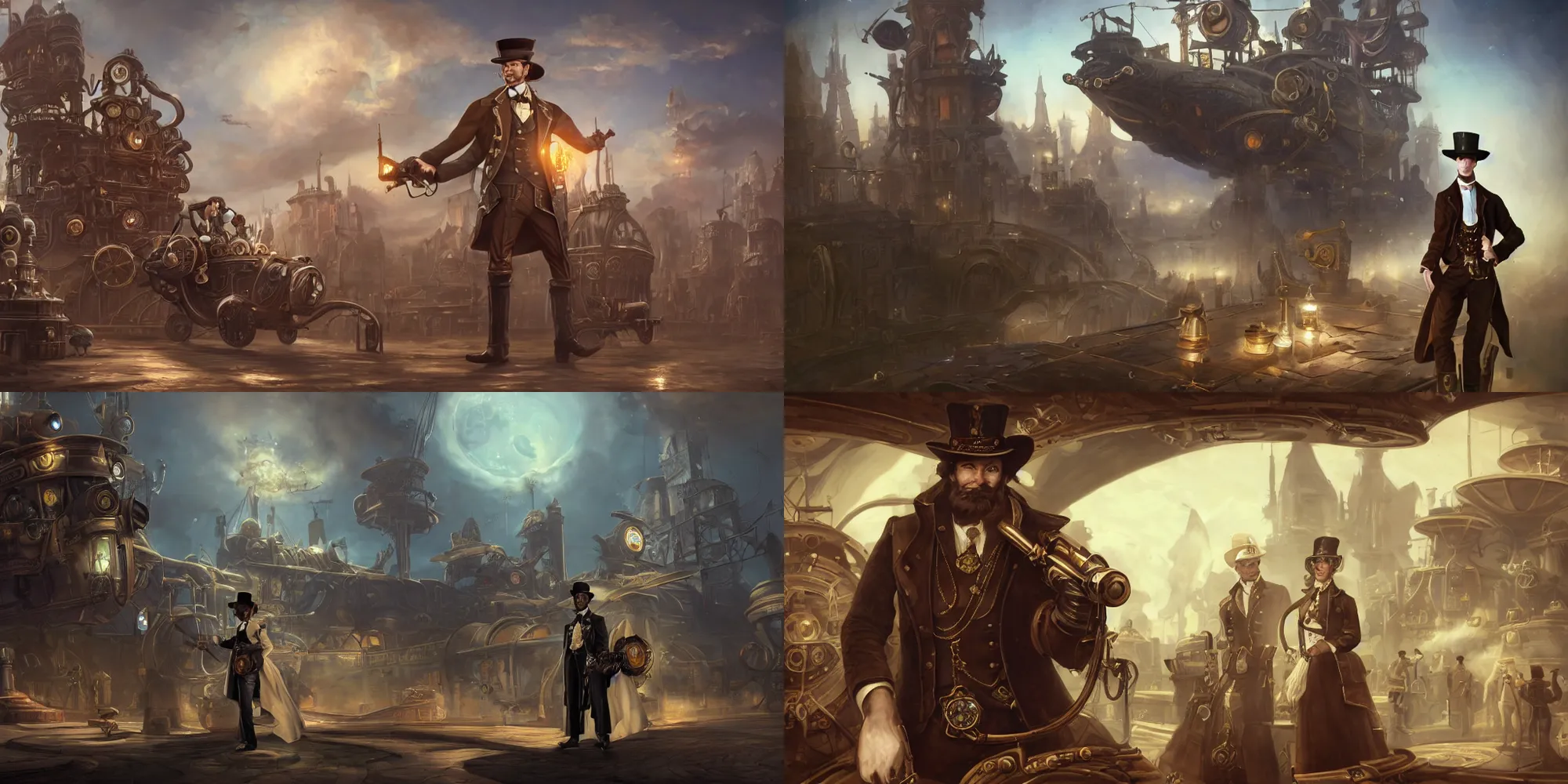 Prompt: a noble man in front in hat and revolver, posing on steampunk spaceship on background, by tyler edlin and lindsey look, victorian, steam romance, adventure, jonathan winterhart, detailed, 4k resolution, trending on artstation