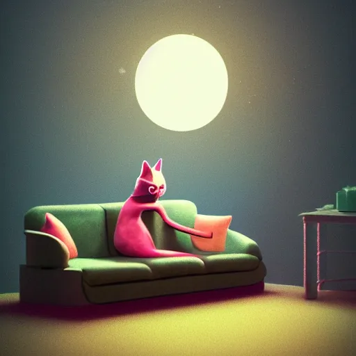 Prompt: cat sitting on sofa watching TV in night by Mike Winkelmann