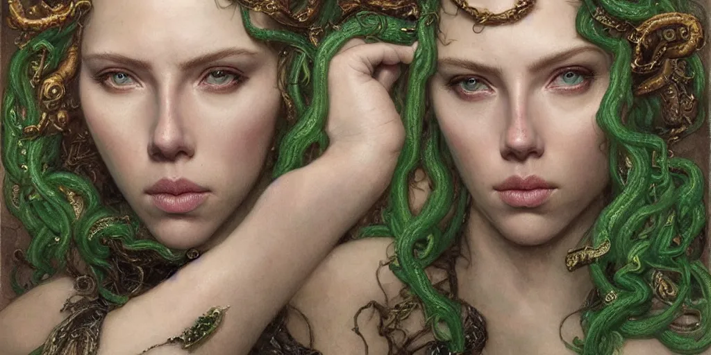 Image similar to epic masterpiece portrait of medusa played by scarlett johansson, followed by head with many souls, beautiful face and flawless skin, perfect hands, emeralds by Edgar Maxence and Ross Tran and Michael Whelan