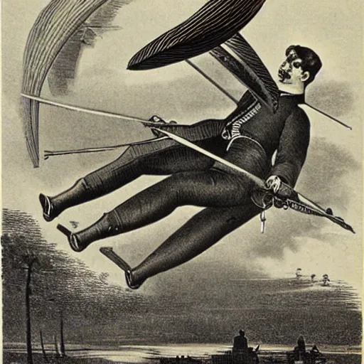 Prompt: futuristic lighter than air flying machine, 1870s lithographic print