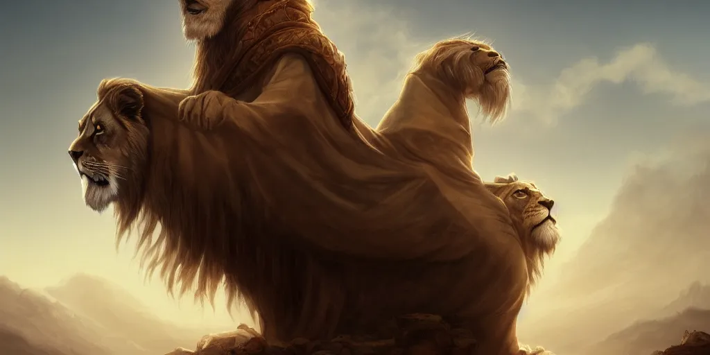 Prompt: alnaqua a hooded wise old man with a long white beard wearing a brown hooded tunic riding on top of a lion, the man is on the lion, he is riding a lion, majestic, epic digital art, cinematic, trending on artstation, superb detail 8 k, wide - angle, masterpiece