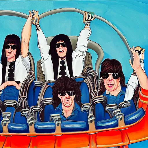 Image similar to the ramones having fun on a rollercoaster, hyper detailed, 8 k, oil painting, rule of thirds