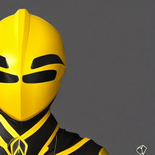 Image similar to symmetry!! yellow ranger, thunderbolt shaped eyeshade, artstation, lightning helmet, 3 d, jumpsuit, gloves, futuristic logo,