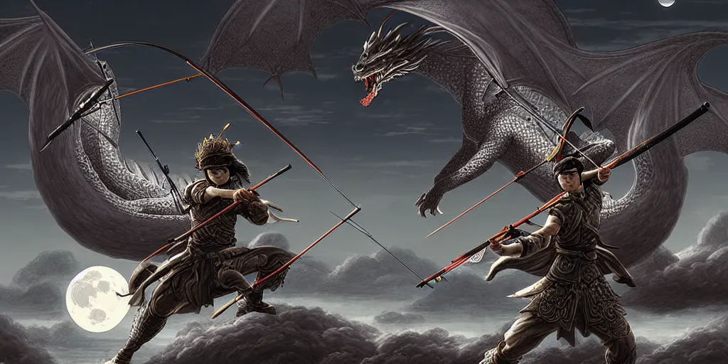 Image similar to korean archer wearing a helmet shooting an asian dragon. the moon is in the sky. there is a river. dark fantasy. high resolution. detailed. digital art. dark fantasy. kentaro miura.