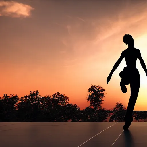 Image similar to dancer silhouette in front of sunset clouds, photorealistic hd, octane render, unreal engine