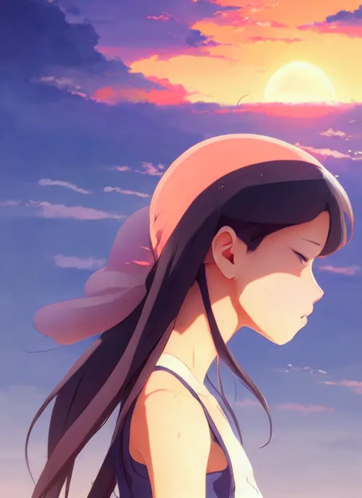 Prompt: side portrait of cute girl, sunset sky in background, beach landscape, illustration concept art anime key visual trending pixiv fanbox by wlop and greg rutkowski and makoto shinkai and studio ghibli and kyoto animation, futuristic wheelchair, symmetrical facial features, should eyes, future clothing, realistic anatomy, backlit, realistic face