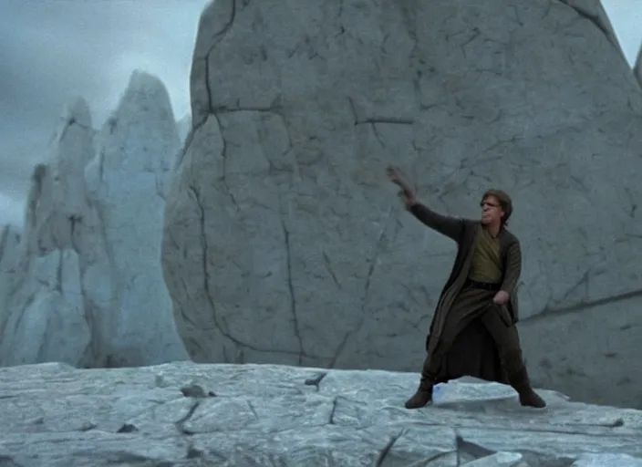 Image similar to epic screenshot from the film of Luke Skywalker, played by Mark Hammill, levitating rocks mid-air, outside marble, iconic scene from the force awakens, 1980s film directed by Stanley Kubrick, cinematic lighting, kodak, strange, hyper real, stunning moody cinematography, with anamorphic lenses, crisp, detailed portrait, 4k image