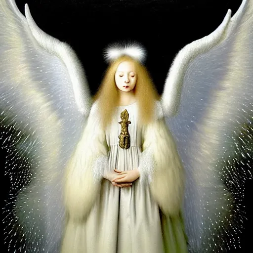 Image similar to highdetailed hyperrealistic painting of white angel!!! no gender!!!, giant ball of miracle light from the chest!!!!!, white sparkles everywhere, 4 k hd fur face!!!, big wings, by jan van eyck, holography space, glow effect, large strokes, white monochrome color!!!!!