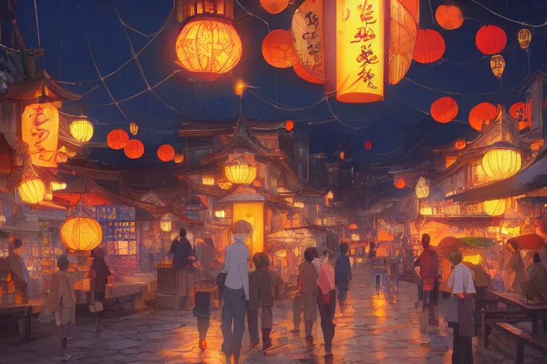 Prompt: fantasy art of a japan town at night, with paper lanterns in the shape of goldfish, by makoto shinkai, highly detailed digital art, trending on artstation