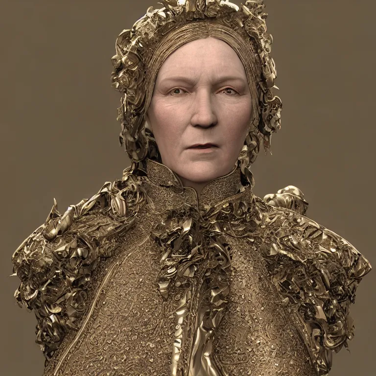 Image similar to octane render portrait by wayne barlow and carlo crivelli and glenn fabry, a 1 4 th century woman in a dramatic period dress with a giant iridescent silver shakespeare style collar, cinema 4 d, ray traced lighting, very short depth of field, bokeh