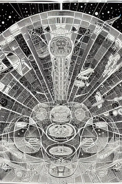 Image similar to a black and white drawing of an ancient future japanese temple international space station, bioluminescence, a detailed mixed media collage by hiroki tsukuda and eduardo paolozzi and ernst haeckel, intricate linework, sketchbook psychedelic doodle comic drawing, geometric, street art, polycount, deconstructivism, matte drawing, academic art, constructivism