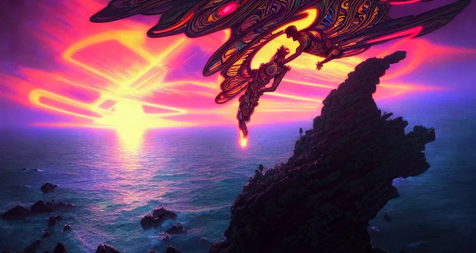 Image similar to psychedelic tron wings in front mind bending sunset, cliffside ocean scene, backlit, aesthetic, diffuse lighting, hyper realistic, elegant, intricate, hyper detailed, smooth, sharp focus, concept art, illustration, trending on artstation, art by artem demura, greg rutkowski, james gurney, and alphonse mucha