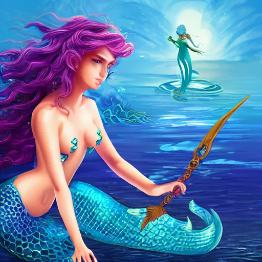 Prompt: beautiful mermaid guard holding a sharp trident, sea background with sea weeds and small sea creatures, fantasy game art