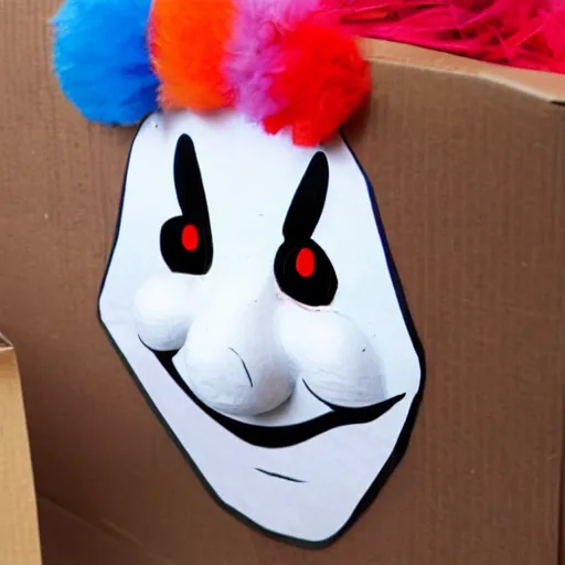 Image similar to a cardboard box opened up with a clown face popping out of it, realistic, the name wbnl on it