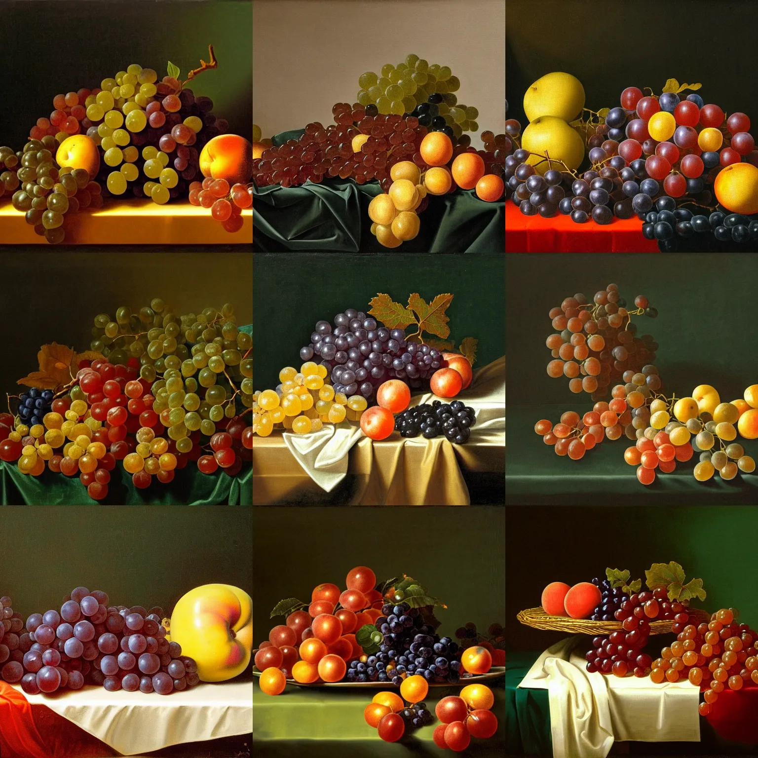 Prompt: a painting of fruits on a dark green velvet fabric on a table : red, yellow and black grapes, grape vines, peaches, walnuts, a still life, by jan davidsz. de heem, dark tones, pixabay contest winner, baroque, chiaroscuro, oil on canvas, flemish baroque