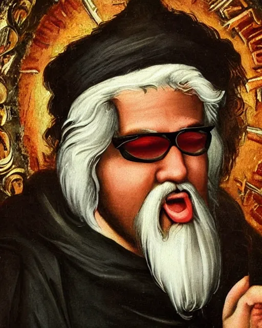 Prompt: a renaissance painting of saint guy fieri, patron saint of flavor