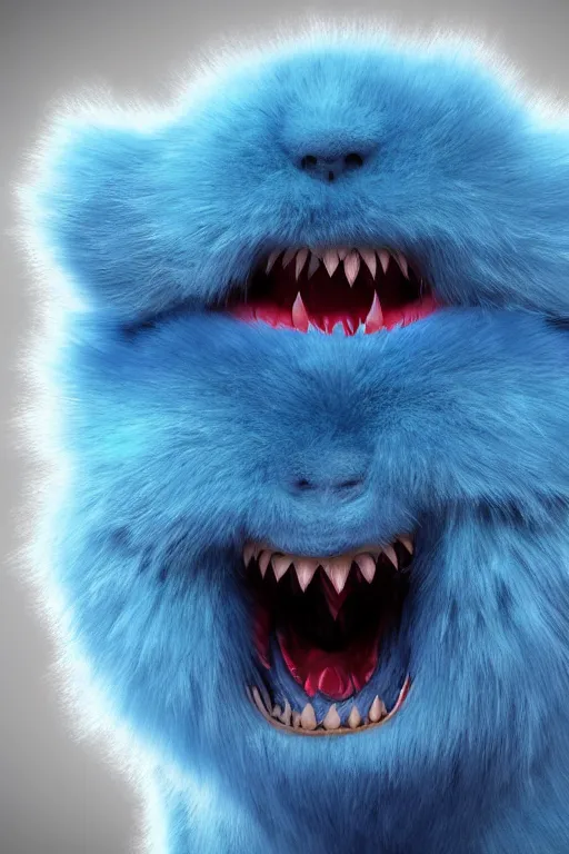 Prompt: a blue furry creature with [ bulging eyes ]!!!, [ [ immensely red large lips ] ]!!!, sharp teeth, 4 k photorealistic [ quality ], trending on cgsociety, horror art, eerie art style