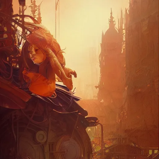 Image similar to when california dreams become an apocalypse movie ooster, western, steampunk, fantasy, intricate, elegant, highly detailed, digital painting, artstation, concept art, sharp focus, illustration, art by artgerm and greg rutkowski and alphonse mucha
